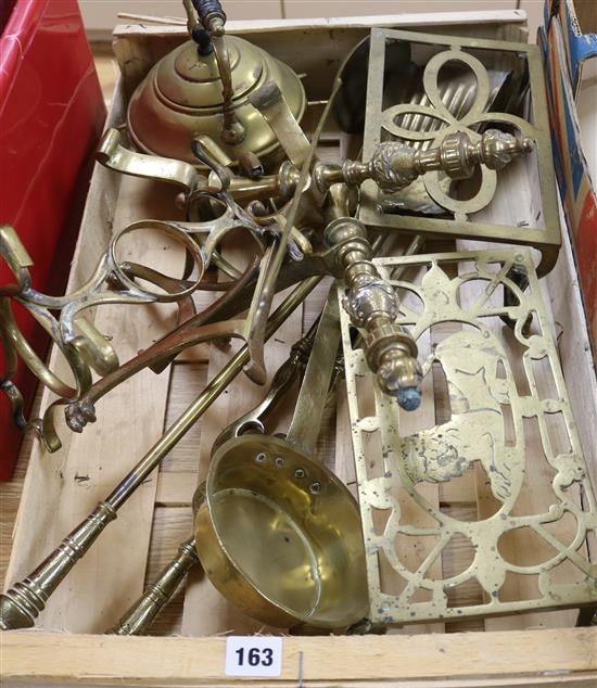 A quantity of brass and other metalware, including fire irons, ladles, trivet etc,